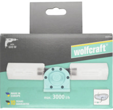 Wolfcraft Bohrmaschinenpumpe in Verpackung mit Wolfcraft Logo, Förderleistung maximal 3000 Liter pro Stunde, ab 600 Watt, 10 Jahre Garantie.