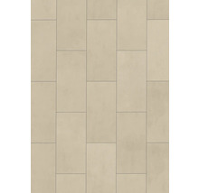 Rechteckige Bodenfliesen in beige Betonoptik im Versatzmuster verlegt.