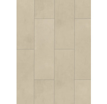 Beige Bodenfliesen im rechteckigen Format mit matter Betonoptik-Oberfläche, verlegt in einem versetzten Muster.