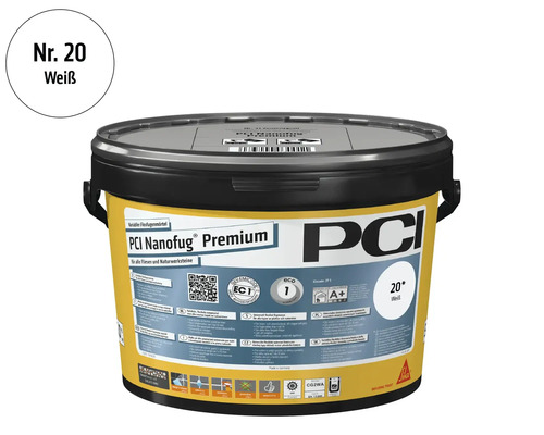 PCI Nanofug Premium Flexfugenmörtel in Weiß Nummer 20 im Kübel, geeignet für alle Fliesen und Naturwerksteine.