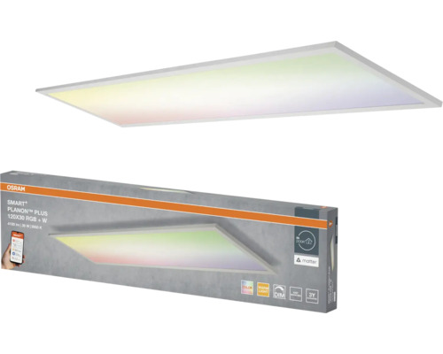 Osram LED-Panel Smart plus Planon Plus 120 mal 30 Zentimeter mit RGB-Farbwechsel und warmweißem Licht inklusive Verpackung.