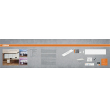 Infografik für Osram LED-Panel mit Osram Logo, Matter Logo, Büro-Anwendungsbeispielen, technischen Daten und einer Montagezeichnung.