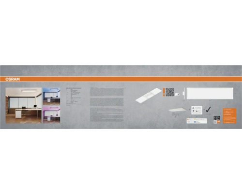 Infografik für Osram LED-Panel mit Osram Logo, Matter Logo, Büro-Anwendungsbeispielen, technischen Daten und einer Montagezeichnung.