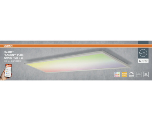 OSRAM Logo. LED Panel SMART+ PLANON PLUS 120 mal 30 Zentimeter, RGB und warmweißes Licht, dimmbar, Matter kompatibel, Steuerung per App.