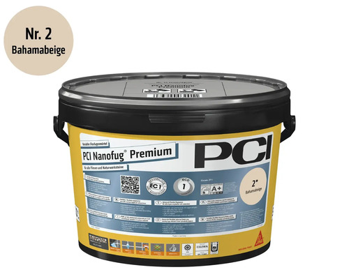 PCI Nanofug Premium flexibler Fugenmörtel für Fliesen und Naturstein, Bahamabeige Nummer zwei, PCI Logo.