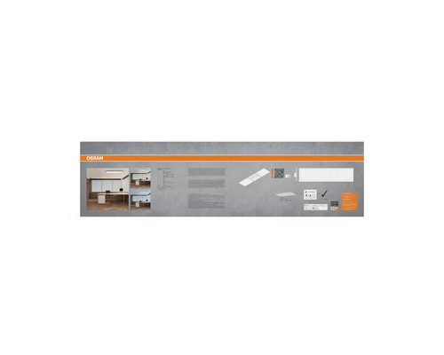 Produktverpackung der Osram SMART Plus Planon Plus LED-Panel-Leuchte mit Anwendungsbeispielen im Büro und Smart-Home-Symbolen.
