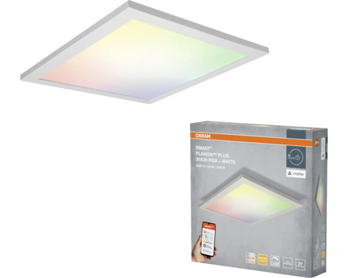 Quadratisches, dimmbares Osram Smart plus Planon Plus LED Panel 30 mal 30 Zentimeter mit RGB und Weißlicht inklusive Produktverpackung.