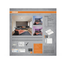 Rückseite der Verpackung für Osram Smart Wifi Mat Planon Plus LED Deckenleuchte, 30 mal 30 Zentimeter, RGBW, Matter kompatibel, mit technischen Daten.