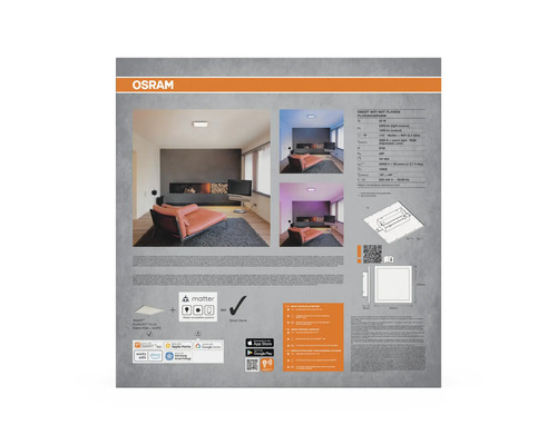 Rückseite der Verpackung für Osram Smart Wifi Mat Planon Plus LED Deckenleuchte, 30 mal 30 Zentimeter, RGBW, Matter kompatibel, mit technischen Daten.