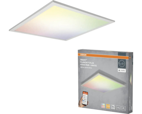 Quadratisches Osram LED-Panel Smart Plus Planon Plus mit farbigem und weißem Licht inklusive Produktverpackung.