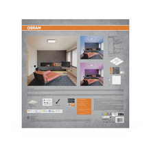 Rückseite der OSRAM Smart Plus Mat Planon Plus 45 mal 45 RGBW Verpackung mit Wohnbeispielen, technischen Daten, OSRAM Logo und Matter Logo.