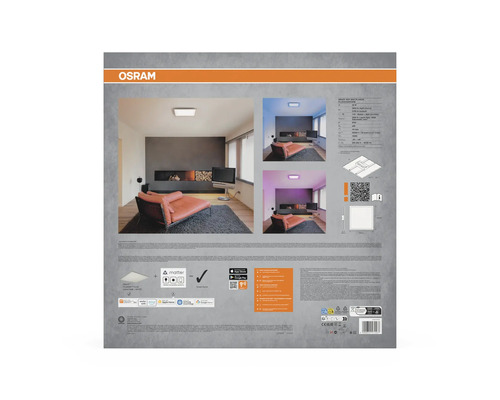 Rückseite der OSRAM Smart Plus Mat Planon Plus 45 mal 45 RGBW Verpackung mit Wohnbeispielen, technischen Daten, OSRAM Logo und Matter Logo.