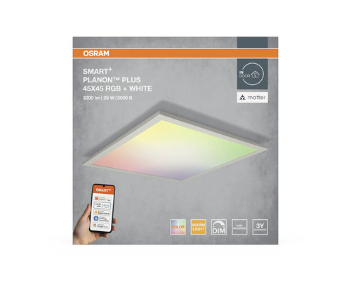Osram Smart Plus Planon Plus LED-Panel 45 mal 45 Zentimeter mit RGB und Weißlicht, 3000 Lumen, steuerbar via App und Smart Home Systeme.