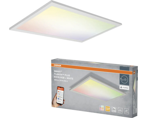 Osram Smart plus Planon Plus LED-Panel, 60 mal 30 Zentimeter, RGB- und Weißlicht, dimmbar, smarte Steuerung per Smartphone und Produktverpackung.
