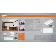 Osram Smart WiFi LED-Panel Planon Plus 60x30 Zentimeter, farbiges und weißes Licht, Matter kompatibel, mit technischen Daten und Anwendungsbeispielen.
