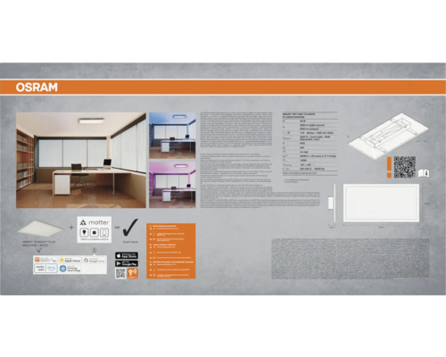 Osram Smart WiFi LED-Panel Planon Plus 60x30 Zentimeter, farbiges und weißes Licht, Matter kompatibel, mit technischen Daten und Anwendungsbeispielen.