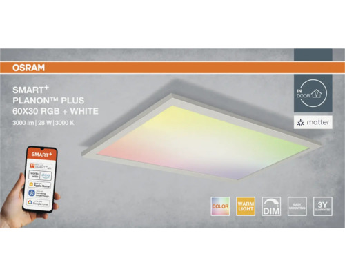 OSRAM SMART PLUS PLANON PLUS LED-Panel 60 mal 30 Zentimeter, RGB und warmweißes Licht, dimmbar, Matter kompatibel, Innenräume, 3 Jahre Garantie.