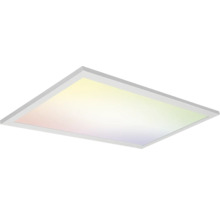 Rechteckiges LED-Panel Deckenleuchte mit silbernem Rahmen und farbig leuchtender Oberfläche.