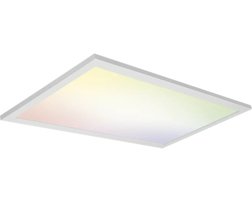 Rechteckiges LED-Panel Deckenleuchte mit silbernem Rahmen und farbig leuchtender Oberfläche.