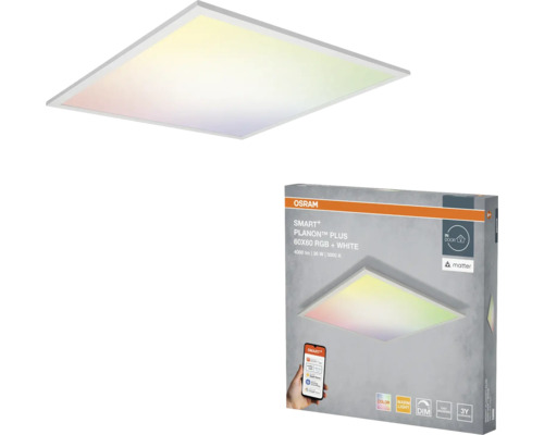Quadratisches Osram LED-Panel Smart plus Planon Plus 60 mal 60 Zentimeter mit RGB und Weißlichtsteuerung inklusive Produktverpackung.
