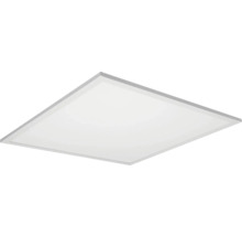 Quadratisches LED-Panel Deckenleuchte mit silberfarbenem Rahmen und weißer Kunststoffoberfläche.