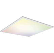 Quadratisches LED-Panel Deckenleuchte mit flachem Rahmen und buntem Licht.