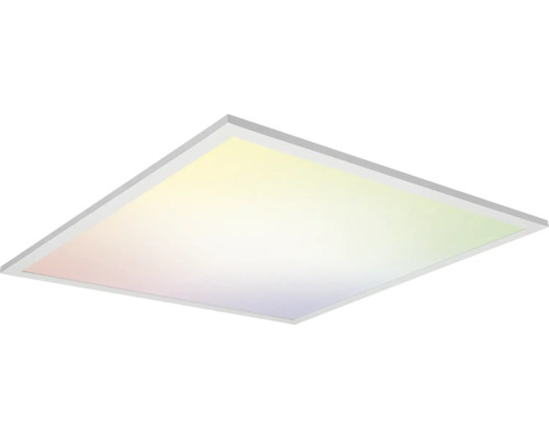 Quadratisches LED-Panel Deckenleuchte mit flachem Rahmen und buntem Licht.