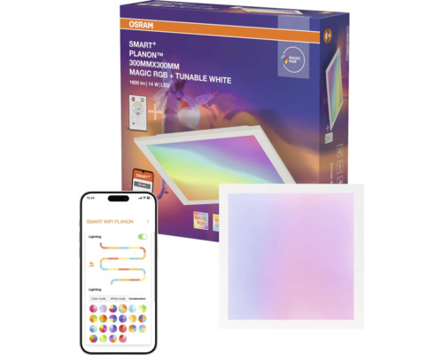 Osram Smart+ Planon LED Panel 300x300 mm mit Magic RGB und Tunable White, Steuerung per App und Fernbedienung.