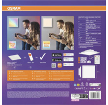 Rückseite der Verpackung für Osram Smart Plus Planon LED-Panel mit technischen Daten, Maßen und Smart-Home-Kompatibilitätshinweisen.