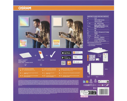 Rückseite der Verpackung für Osram Smart Plus Planon LED-Panel mit technischen Daten, Maßen und Smart-Home-Kompatibilitätshinweisen.