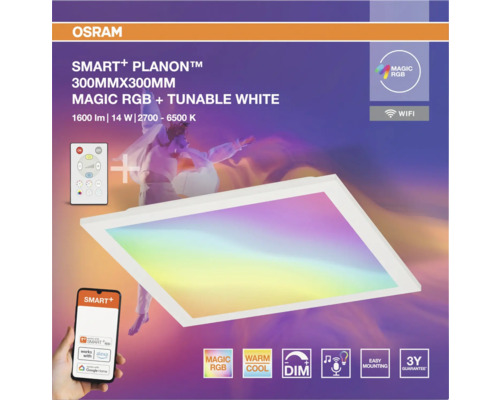 Osram Smart plus Planon LED Panel, quadratisch, 300 mal 300 Millimeter, Magic RGB und Tunable White 2700 bis 6500 Kelvin, App- und Fernsteuerung.