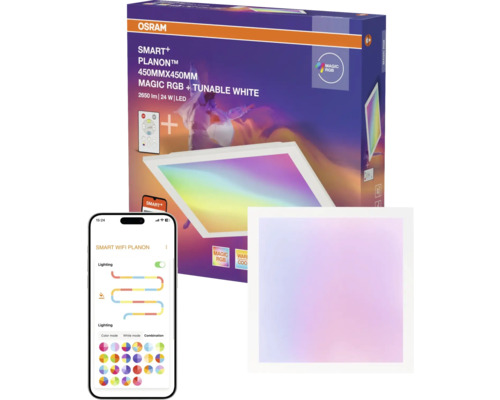 Osram Smart Plus Planon LED Panel, quadratisch, 450 mal 450 Millimeter, Magic RGB und Tunable White, inklusive App-Steuerung und Fernbedienung.