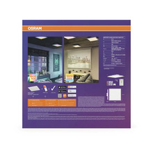 Rückseite der Verpackung des Osram Smart+ WiFi Planon LED-Panels 45 mal 45 Zentimeter mit Magic RGB, technischen Daten und Anwendungsbeispielen.
