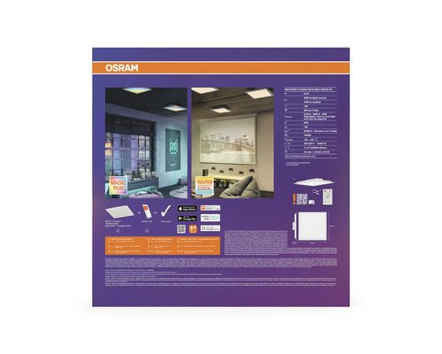 Rückseite der Verpackung des Osram Smart+ WiFi Planon LED-Panels 45 mal 45 Zentimeter mit Magic RGB, technischen Daten und Anwendungsbeispielen.