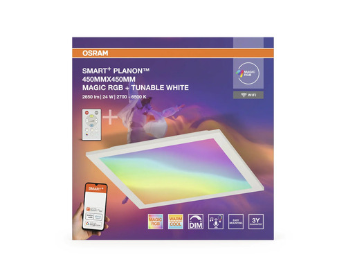 Osram Smart+ Planon LED-Panel 450 mal 450 Millimeter Magic RGB und Tunable White inklusive Fernbedienung WiFi dimmbar drei Jahre Garantie.