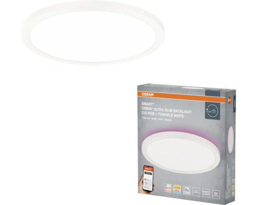Runde LED Deckenleuchte Osram Smart Plus Orbis Ultra Slim Backlight mit RGB und abstimmbarem Weißlicht inklusive Produktverpackung.