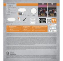 Rückseite der Ledvance Smart plus Orbis Slim Backlight 235 Verpackung mit technischen Daten, Abmessungen und Smart-Home-Funktionen.