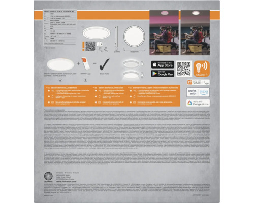 Rückseite der Ledvance Smart plus Orbis Slim Backlight 235 Verpackung mit technischen Daten, Abmessungen und Smart-Home-Funktionen.