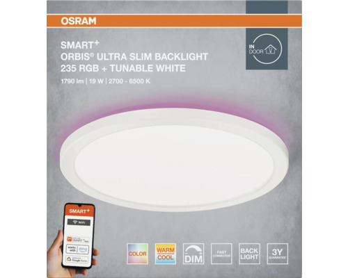 Osram Logo. Smart Plus Orbis Ultra Slim Backlight LED Deckenleuchte, rund, RGB, Tunable White, dimmbar, Hintergrundbeleuchtung, WLAN App Steuerung.