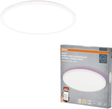 Runde, ultra-flache LED-Deckenleuchte OSRAM SMART+ Orbis mit RGB-Backlight und einstellbarem Weißton, inklusive Verpackung.