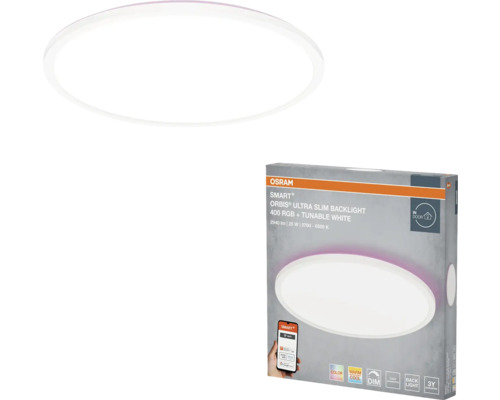 Runde, ultra-flache LED-Deckenleuchte OSRAM SMART+ Orbis mit RGB-Backlight und einstellbarem Weißton, inklusive Verpackung.