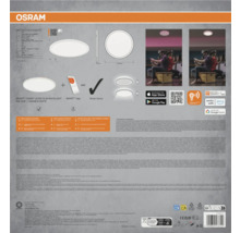 Osram Smart Orbis Ultra Slim Backlight. Runde LED Deckenleuchte, 400 Millimeter Durchmesser, 27 Millimeter Tiefe. Smart Home kompatibel. Osram Logo.
