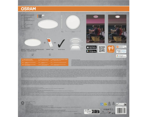 Osram Smart Orbis Ultra Slim Backlight. Runde LED Deckenleuchte, 400 Millimeter Durchmesser, 27 Millimeter Tiefe. Smart Home kompatibel. Osram Logo.
