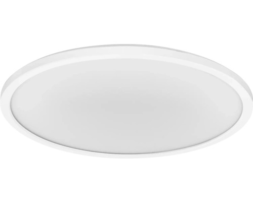 Flache, runde LED-Deckenleuchte in Weiß.