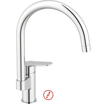 Verchromte Küchenarmatur mit hohem Bogenauslauf und Einhebelmischer, geeignet für Niederdruck.