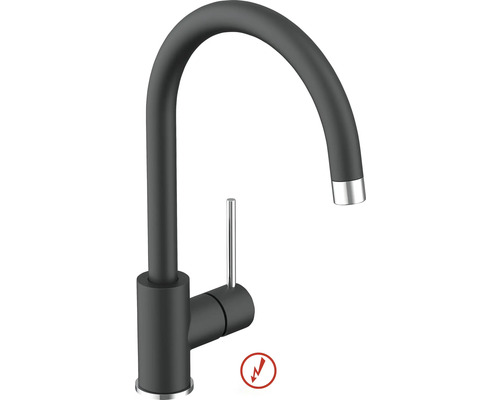 Schwarze matte Küchenarmatur mit hohem C-Auslauf und verchromtem Hebel, geeignet für Niederdruck.