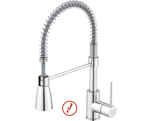 Niederdruck-Küchenarmatur Keo Ilma mit Handbrause chrom Niederdruck-Spültischarmatur mit Profi-Brause, Spiralfeder und Einhebelmischer, verchromt. KEO Logo.