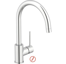 Niederdruck-Küchenarmatur mit hohem Bogenauslauf und seitlichem Bedienhebel aus verchromtem Metall.