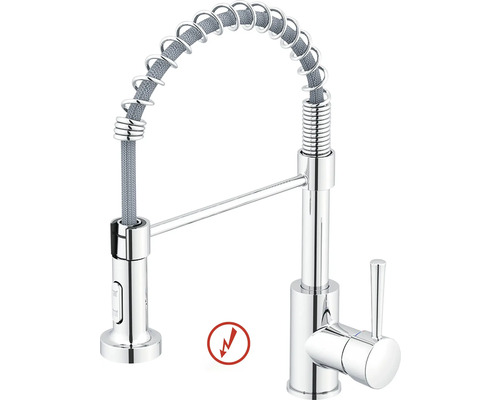 Küchenarmatur in Chrom mit flexiblem Auslauf, Spiralfeder und ausziehbarer Geschirrbrause, geeignet für Niederdruck.