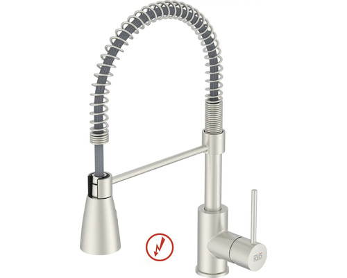 Niederdruckküchenarmatur KEO Ilma edelstahl satiniert Profi-Küchenarmatur mit Spiralfeder, Einhebelmischer und Eignung für Niederdruck. KEO Logo.